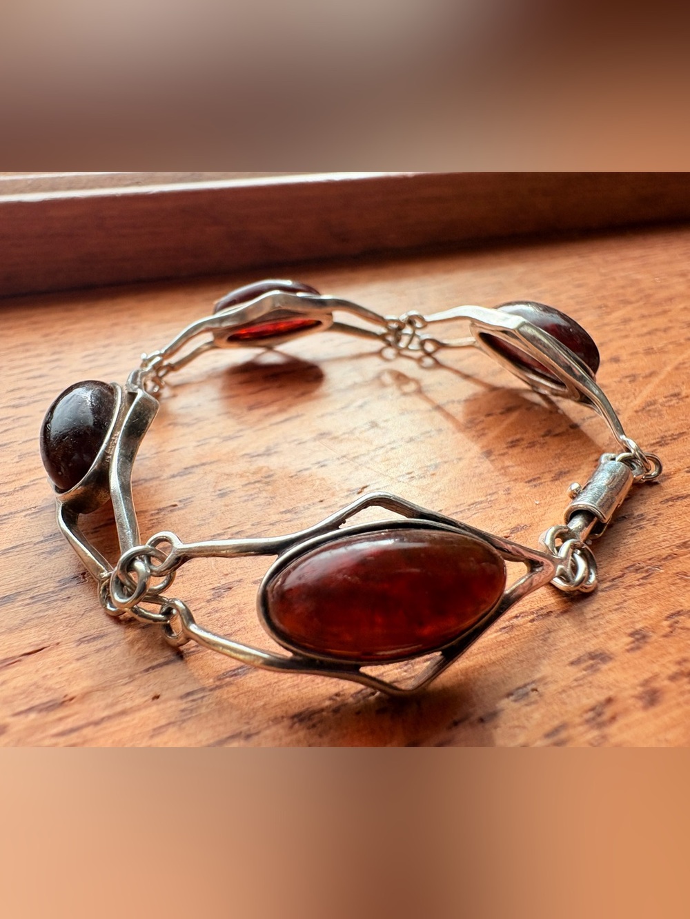 Sterling Silver Vintage Amber Link Bracelet 7 1/2”